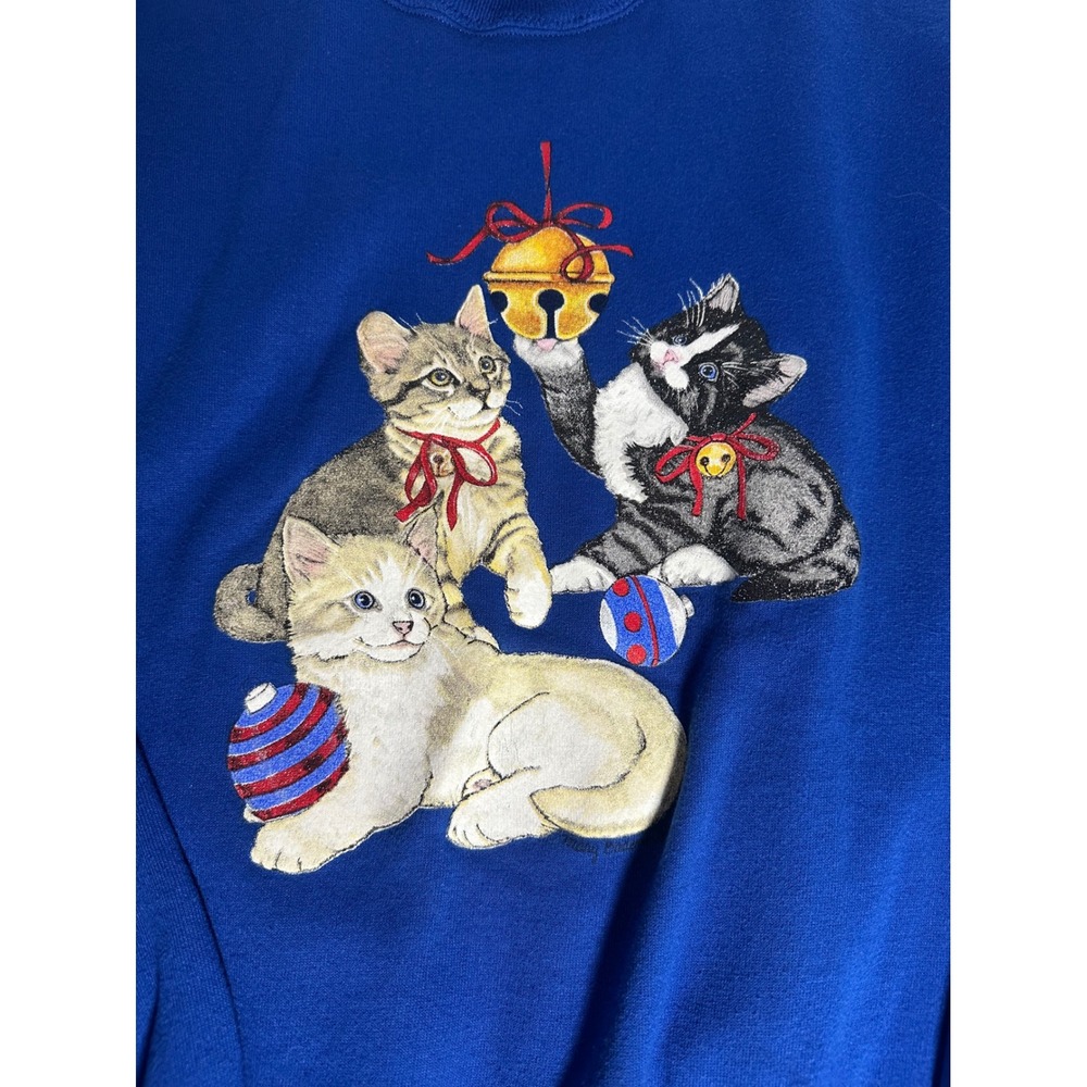 Vintage Gopher Sport Christmas Kittens Sweatshirt XL Blue Double Collar USA Made - Picture 1 of 5